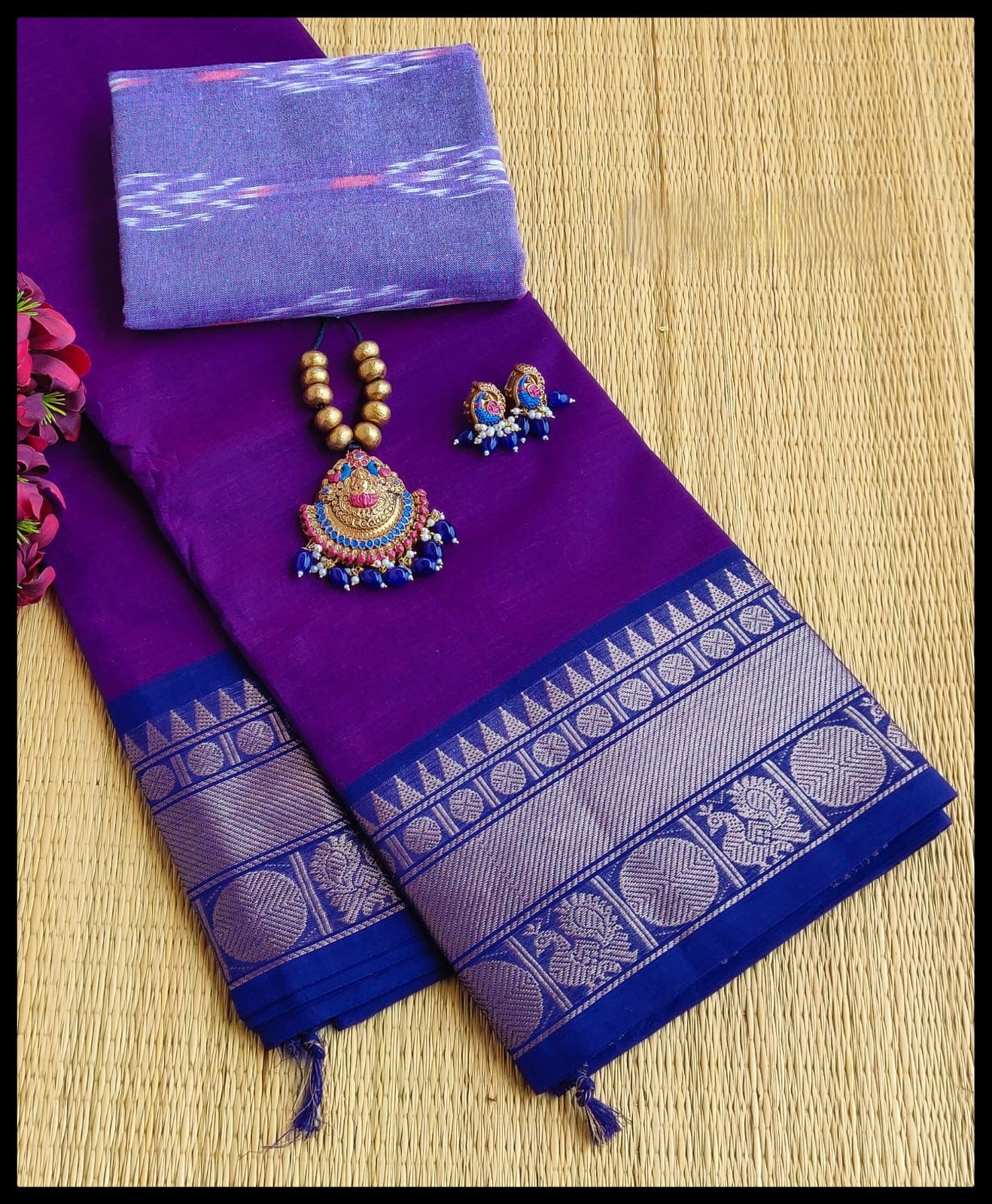 Royal Blue Zari Border Chettinad Cotton Saree